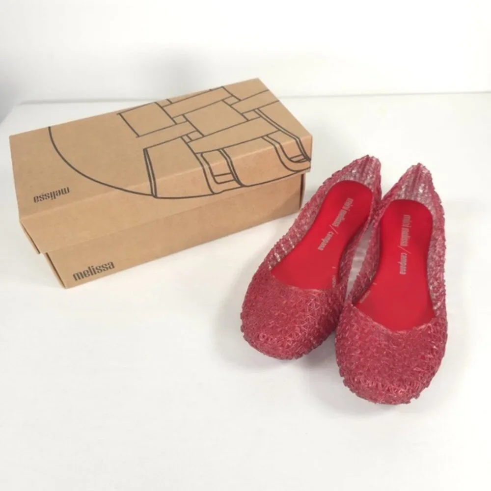 Mini Melissa Campana Papel Girls Glitter Red Slip On‎ Ballet Flats NWB Size 3